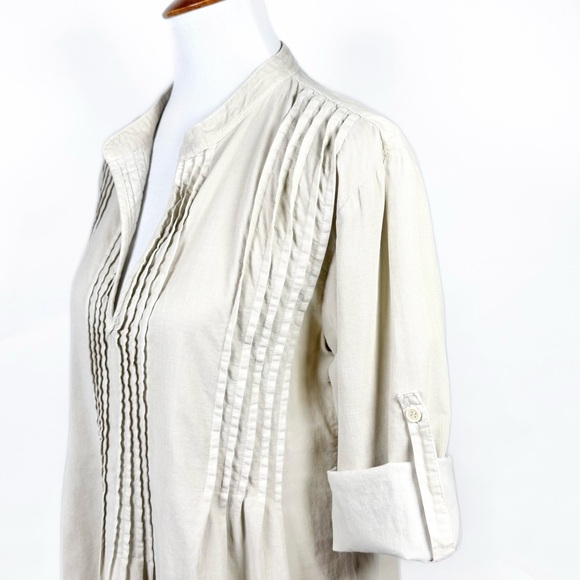 CP Shades Pintuck Pleated Velvet Corduroy Cream 3/4 Sleeve Roll Tab Tunic Top M - Picture 9 of 14